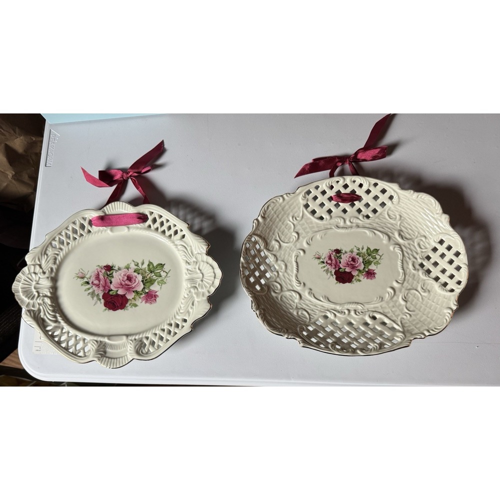 Vintage Formalities Baum Bros Reticulated Rose Basket Plate Set Of 2 China Gold